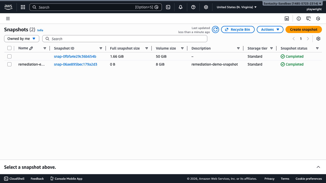 EBS Snapshots console showing list of snapshots