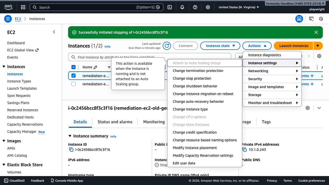Change instance type menu