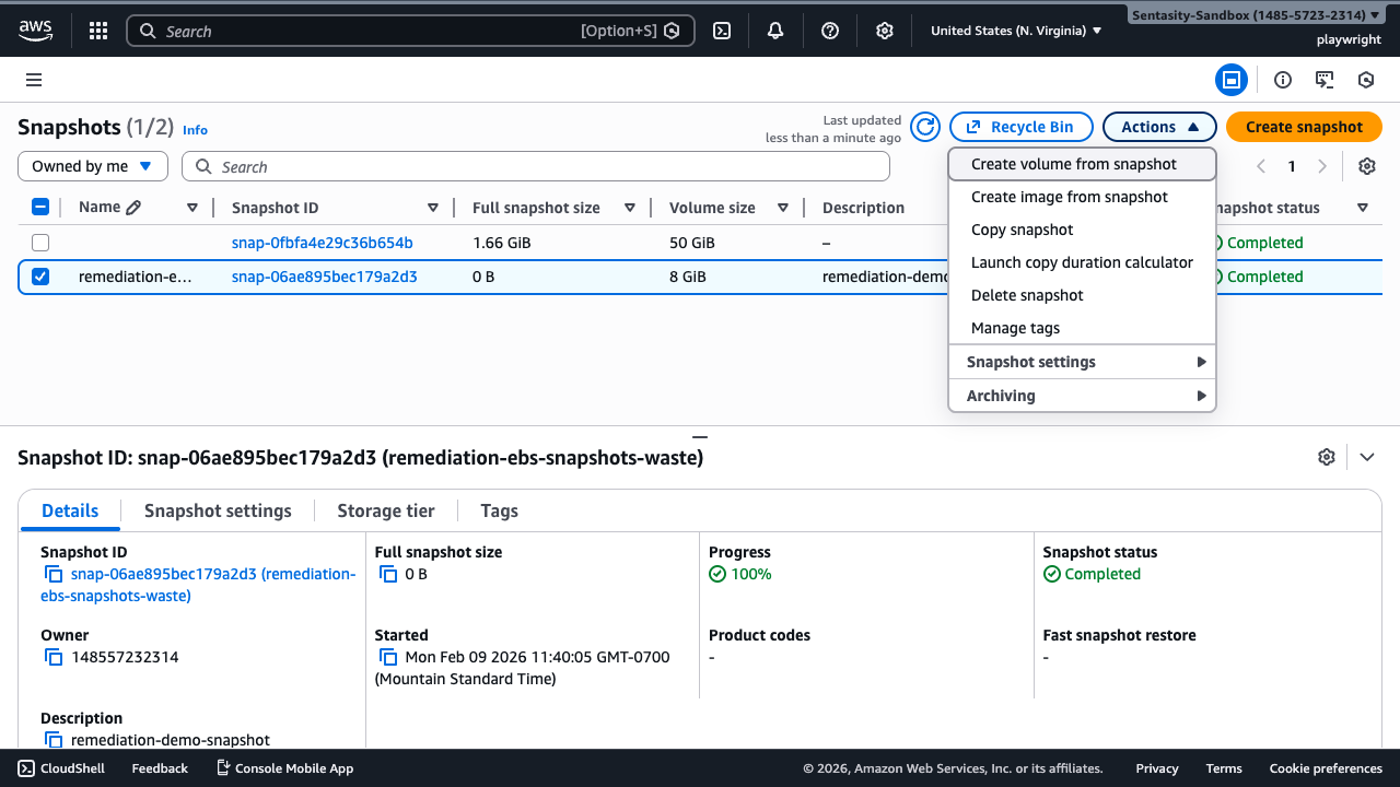 Actions dropdown menu with Delete snapshot option