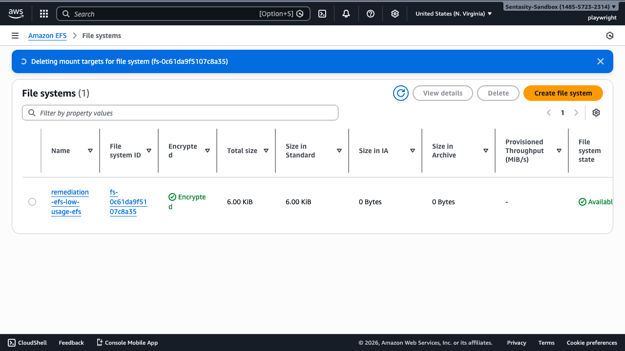 EFS file systems list showing deletion in progress